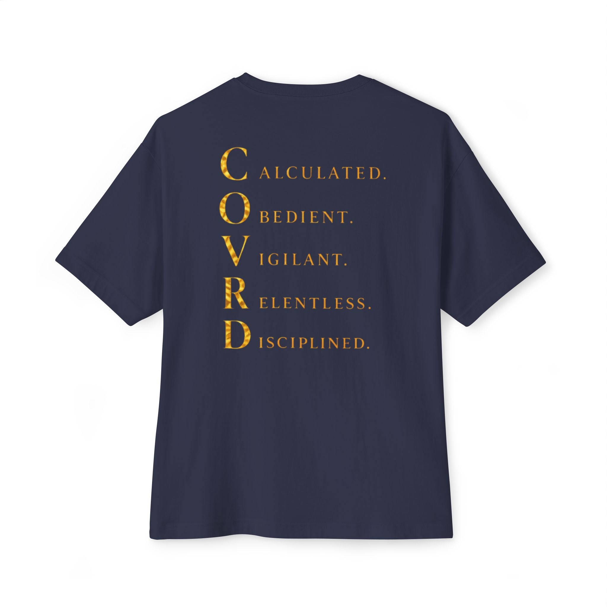 Oversized Boxy Tee — Gold Embroidered Covrd CVD Logo with Metallic Gold Foil COVRD Print