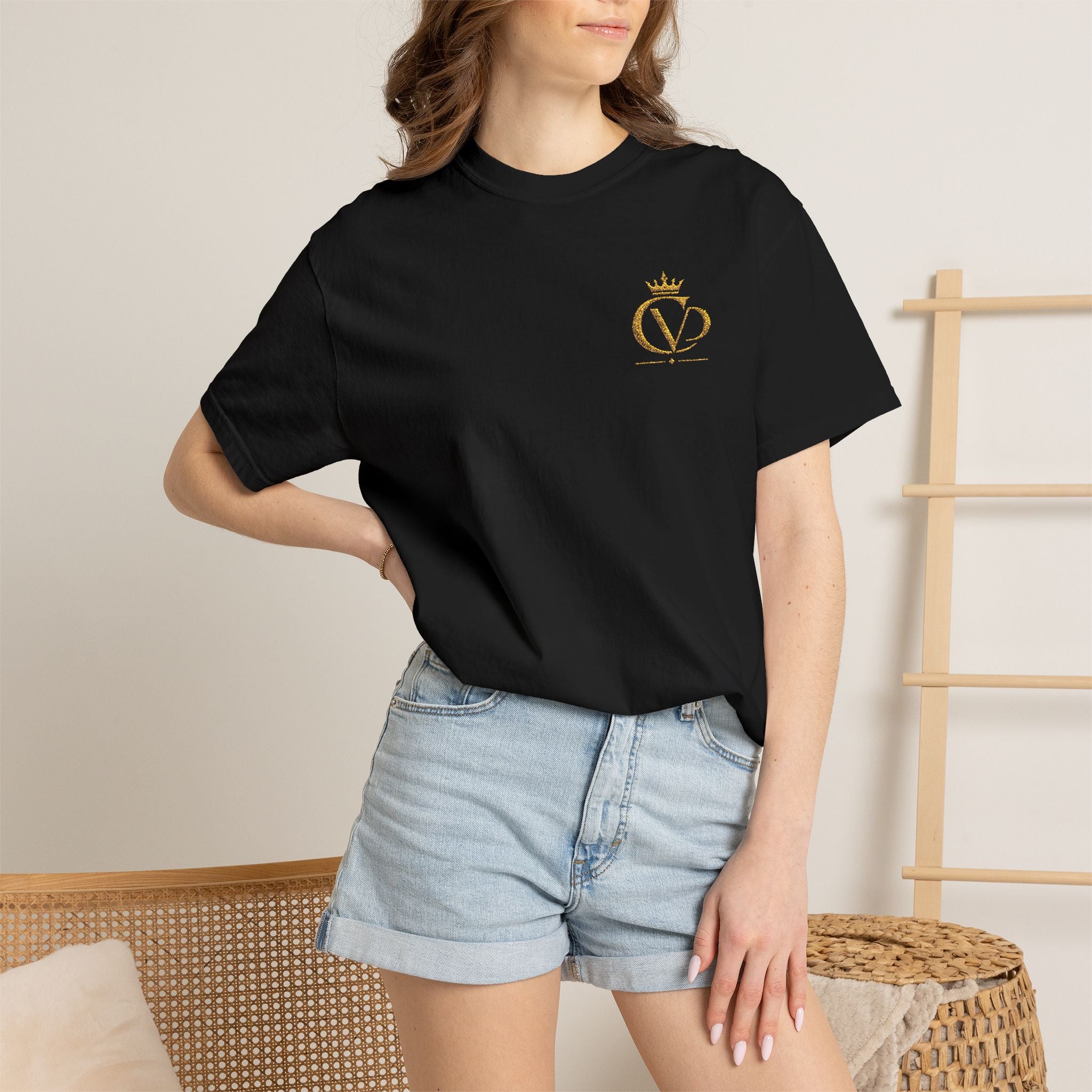 COVRD Gold Embroidered Crowned CVD Chest Logo T‑Shirt