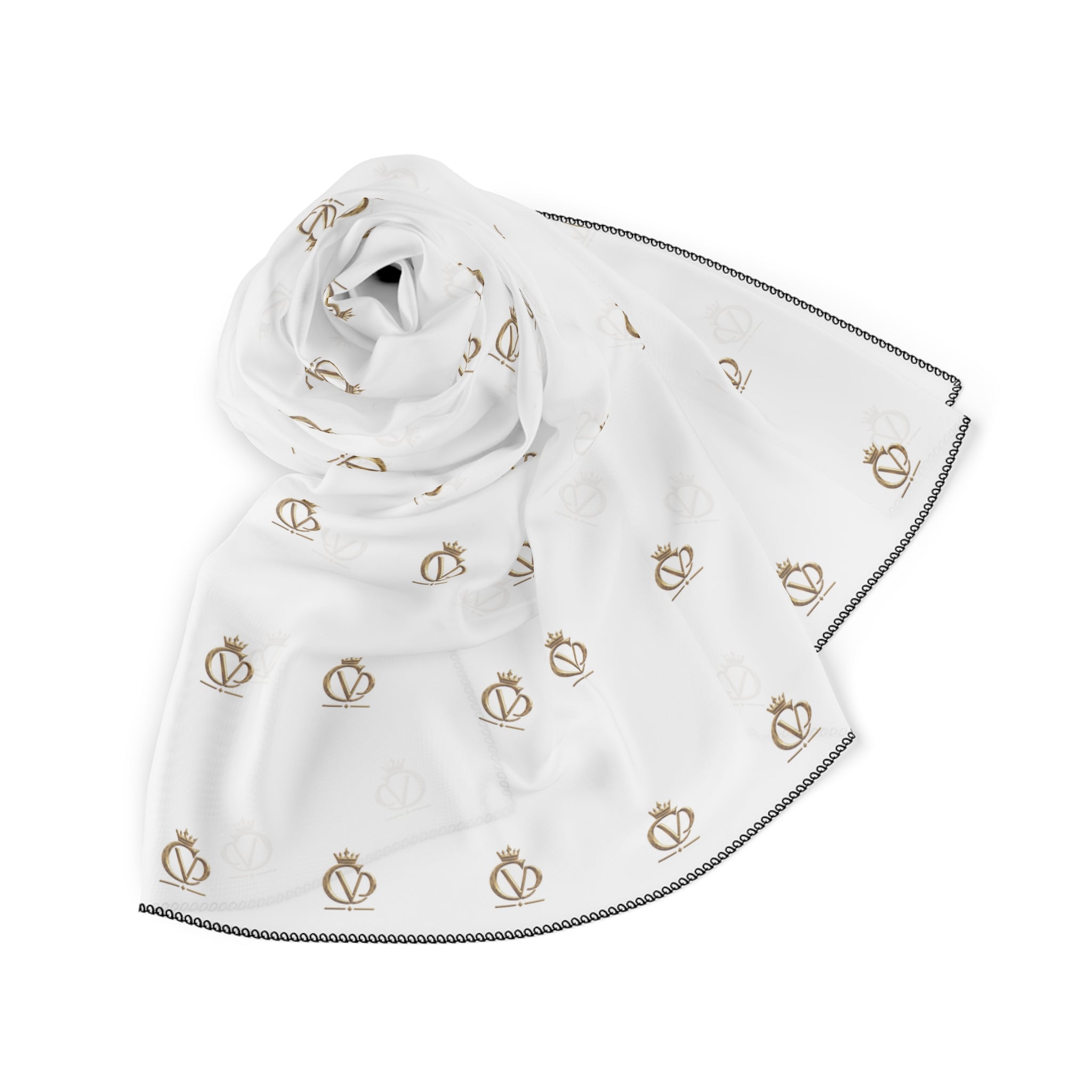 STAY COVRD Elegant Silk-Feel White Scarf with Gold Crown CVD