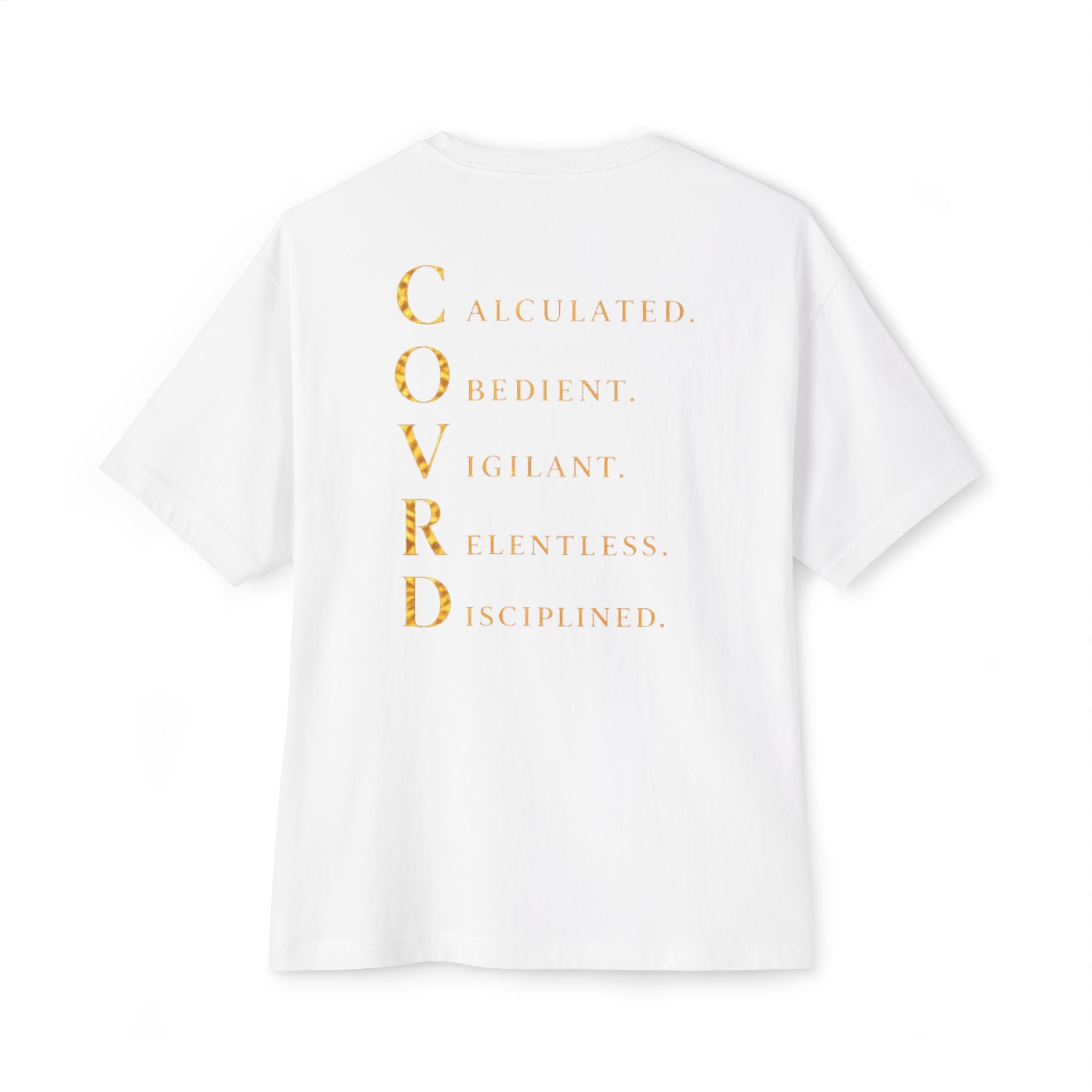 Oversized Boxy Tee — Gold Embroidered Covrd CVD Logo with Metallic Gold Foil COVRD Print