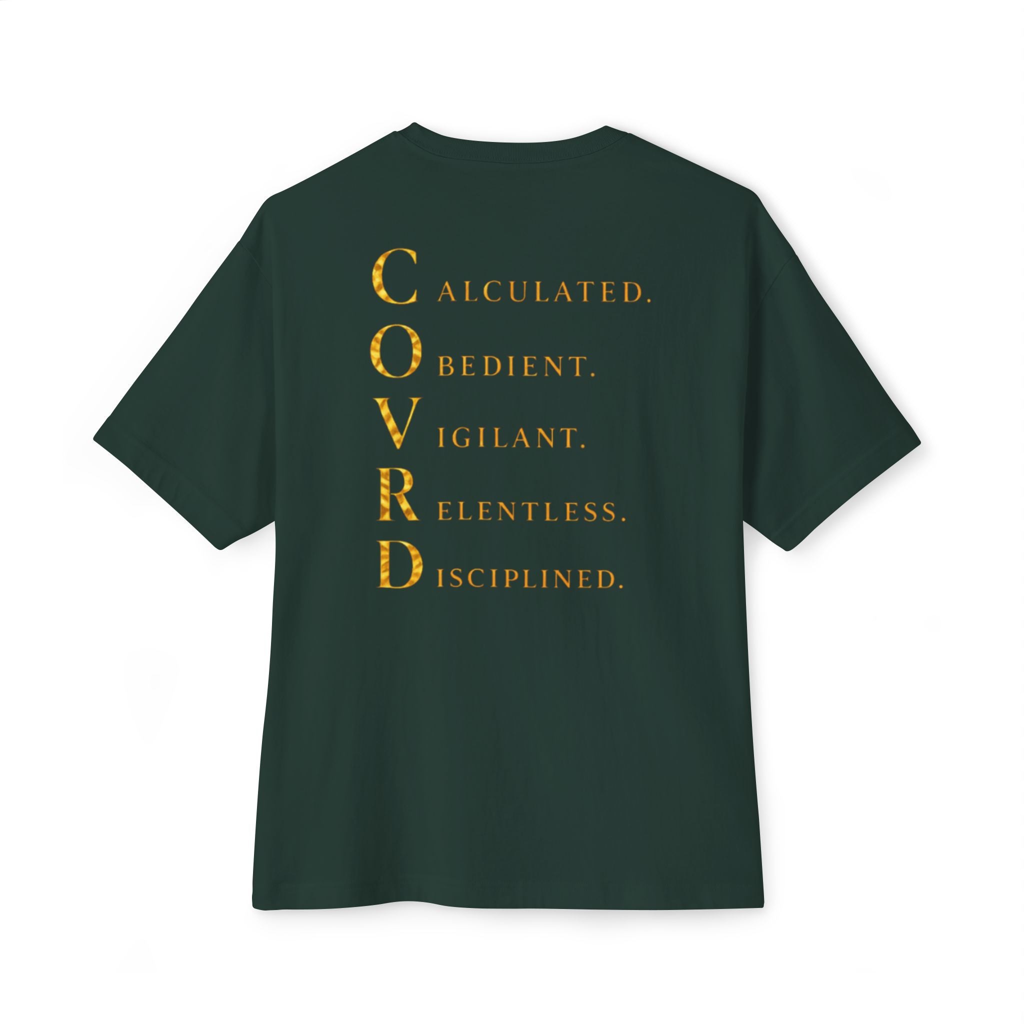 Oversized Boxy Tee — Gold Embroidered Covrd CVD Logo with Metallic Gold Foil COVRD Print