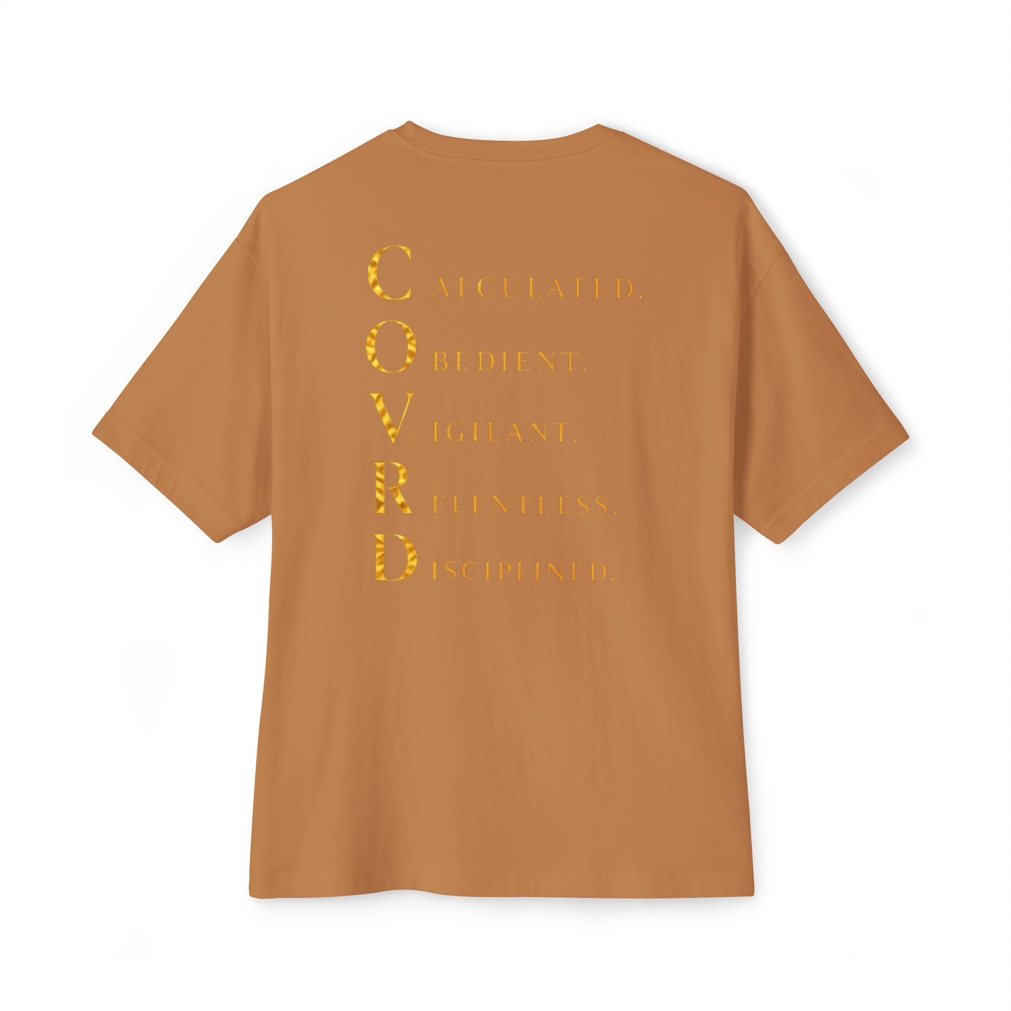 Oversized Boxy Tee — Gold Embroidered Covrd CVD Logo with Metallic Gold Foil COVRD Print