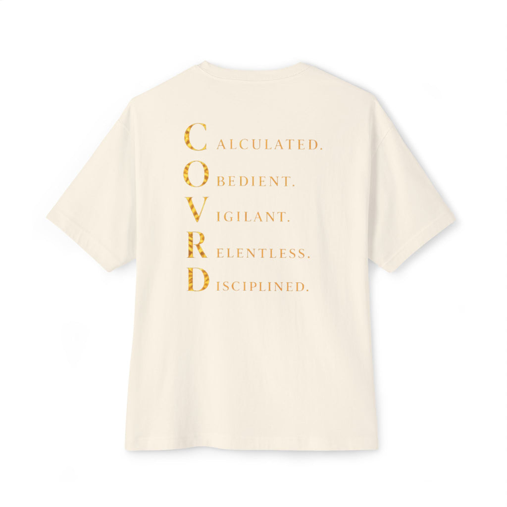 Oversized Boxy Tee — Gold Embroidered Covrd CVD Logo with Metallic Gold Foil COVRD Print
