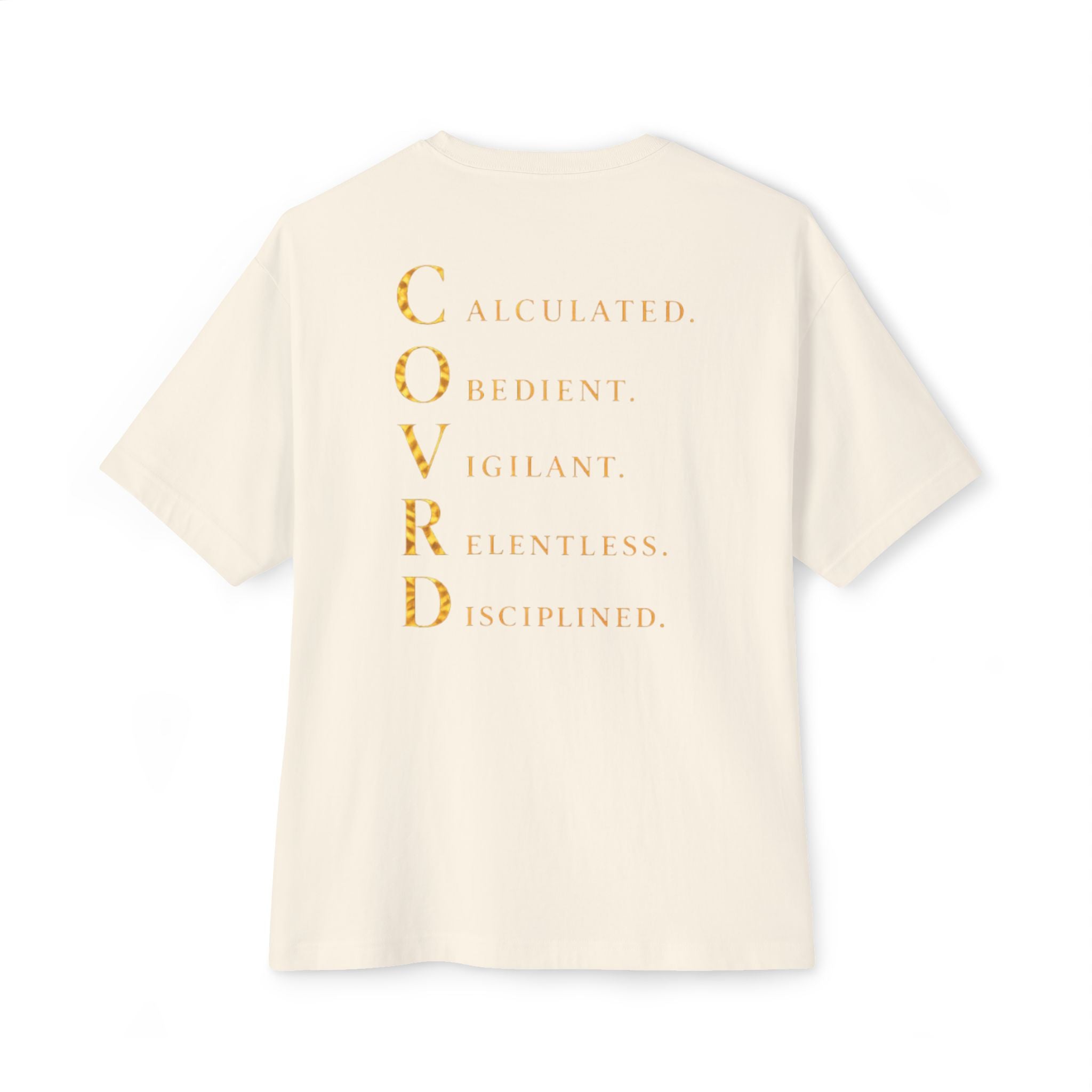 Oversized Boxy Tee — Gold Embroidered Covrd CVD Logo with Metallic Gold Foil COVRD Print