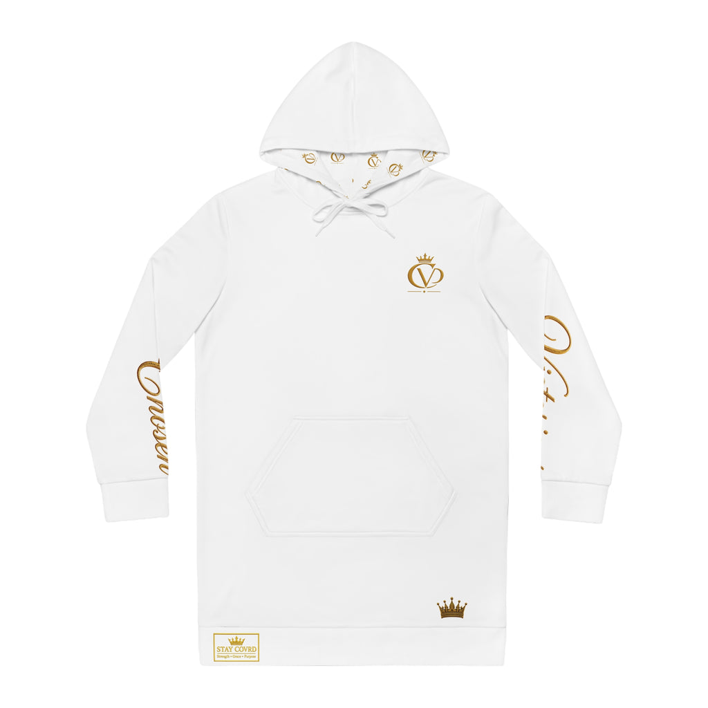 Stay Covrd Embroidered— White Hoodie Dress with Gold Crown