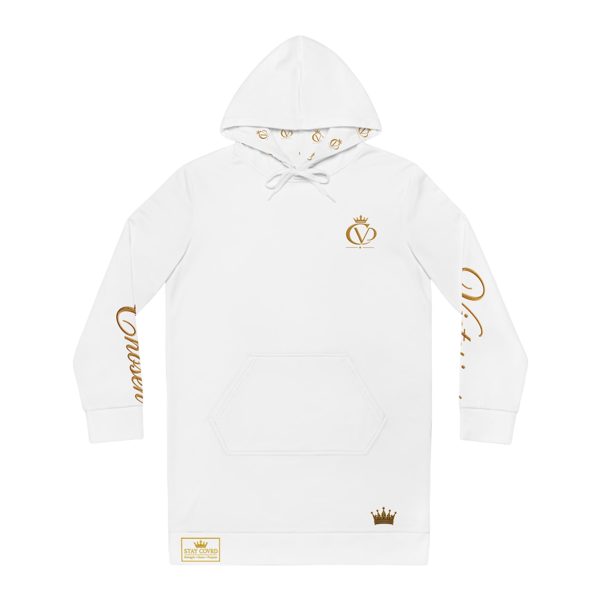 Stay Covrd Embroidered— White Hoodie Dress with Gold Crown