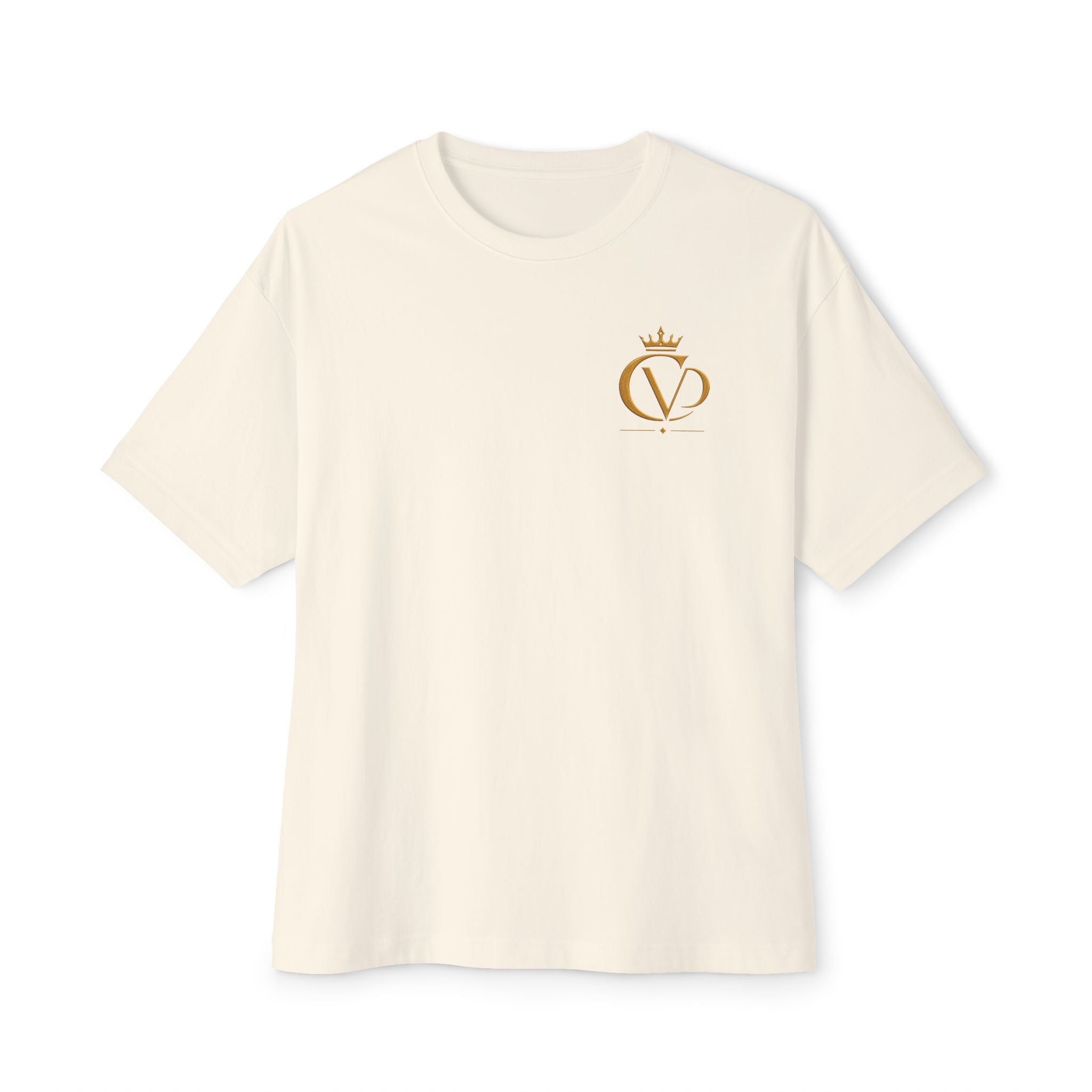 Oversized Boxy Tee — Gold Embroidered Covrd CVD Logo with Metallic Gold Foil COVRD Print
