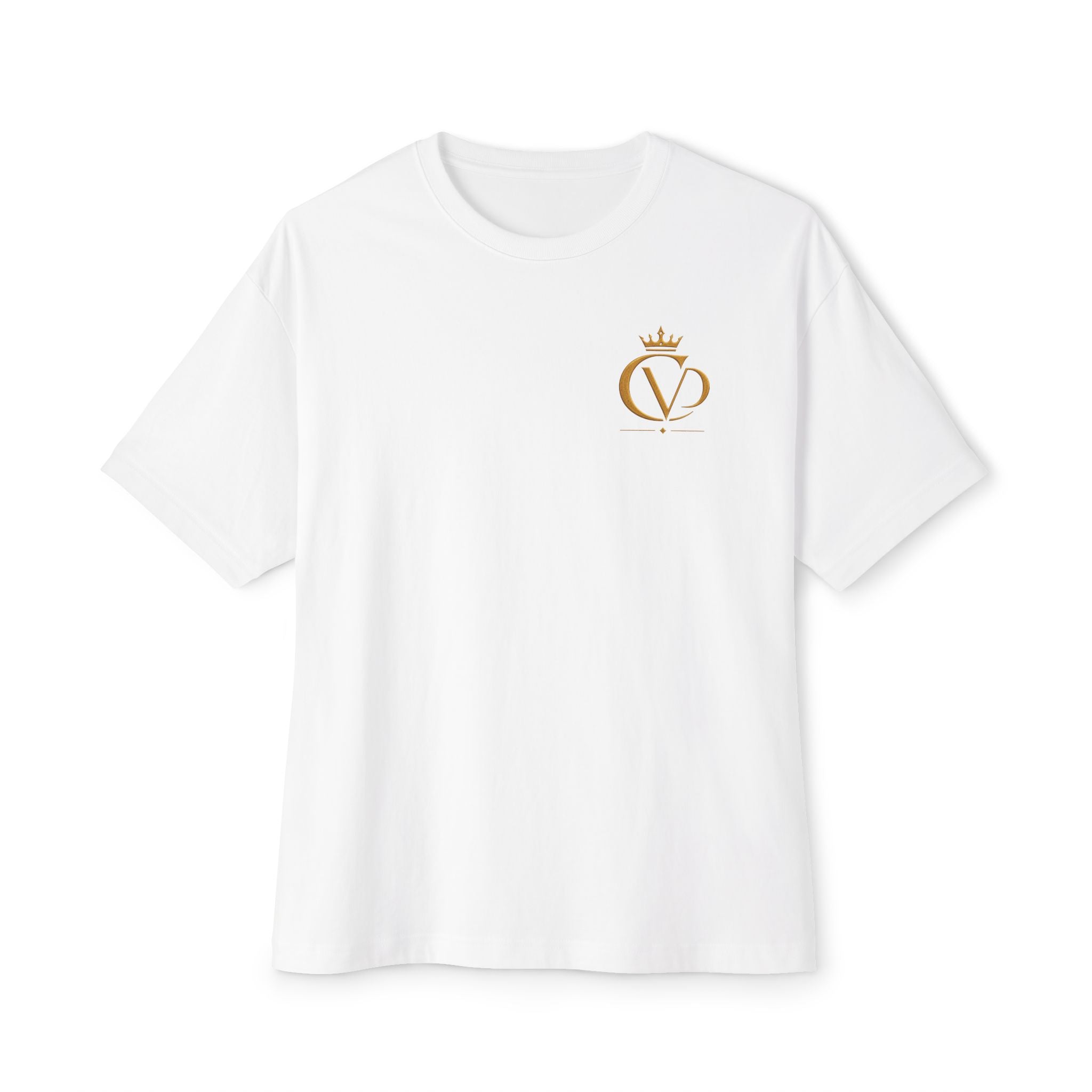 Oversized Boxy Tee — Gold Embroidered Covrd CVD Logo with Metallic Gold Foil COVRD Print