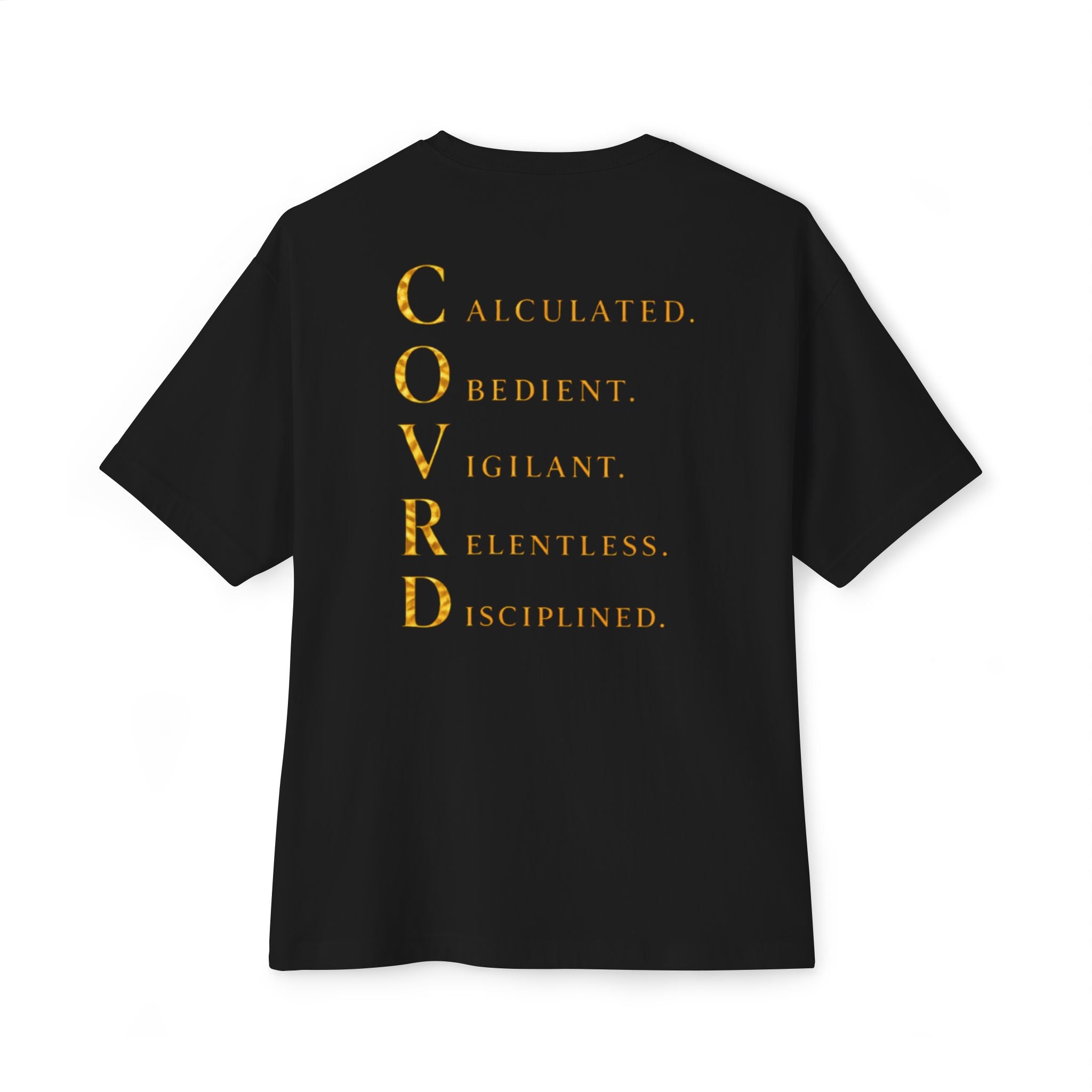 Oversized Boxy Tee — Gold Embroidered Covrd CVD Logo with Metallic Gold Foil COVRD Print