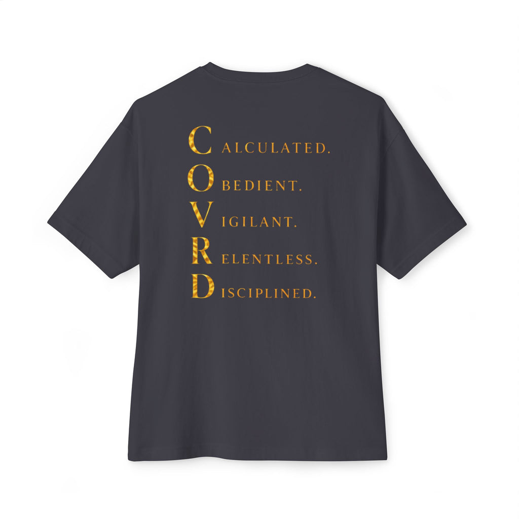 Oversized Boxy Tee — Gold Embroidered Covrd CVD Logo with Metallic Gold Foil COVRD Print