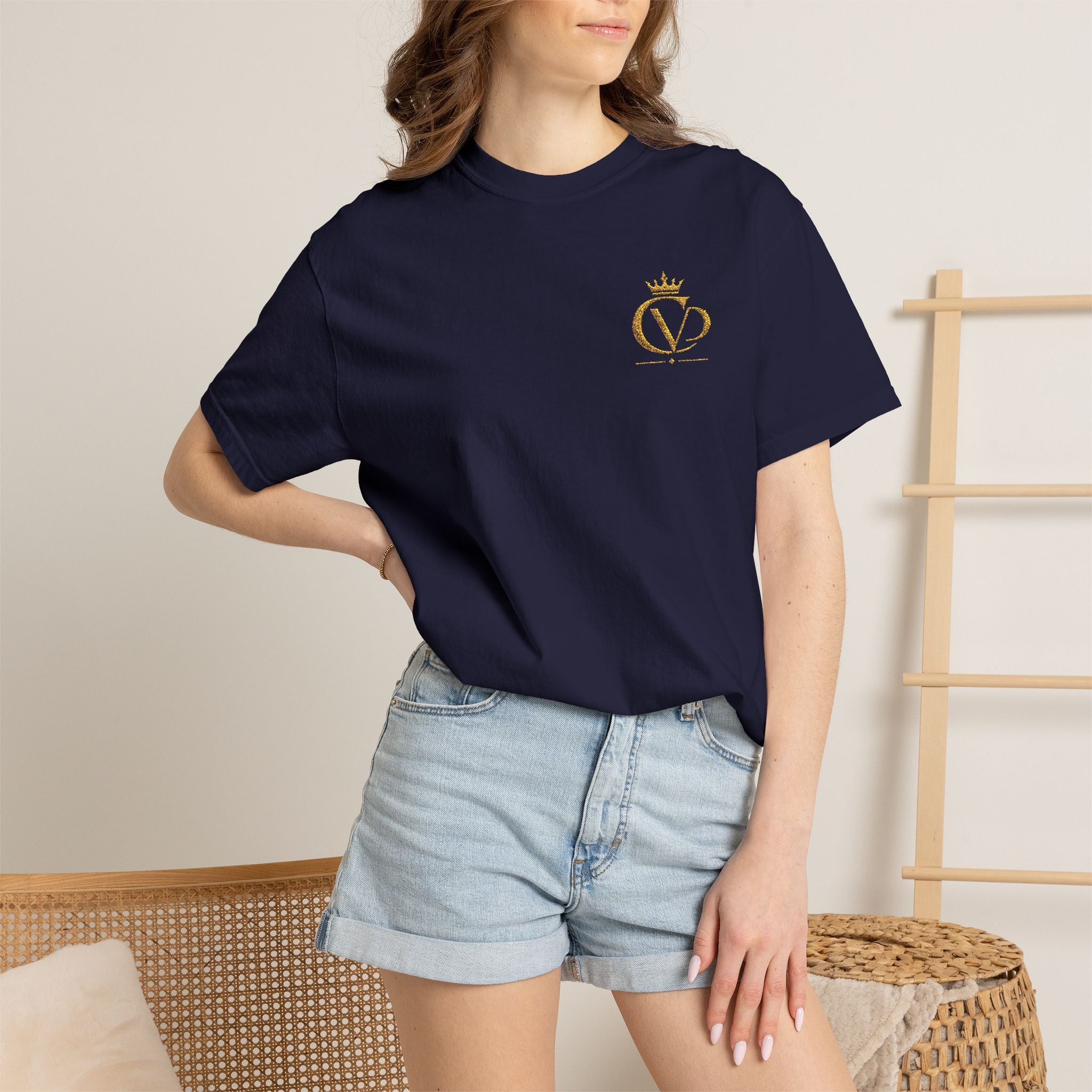 COVRD Gold Embroidered Crowned CVD Chest Logo T‑Shirt