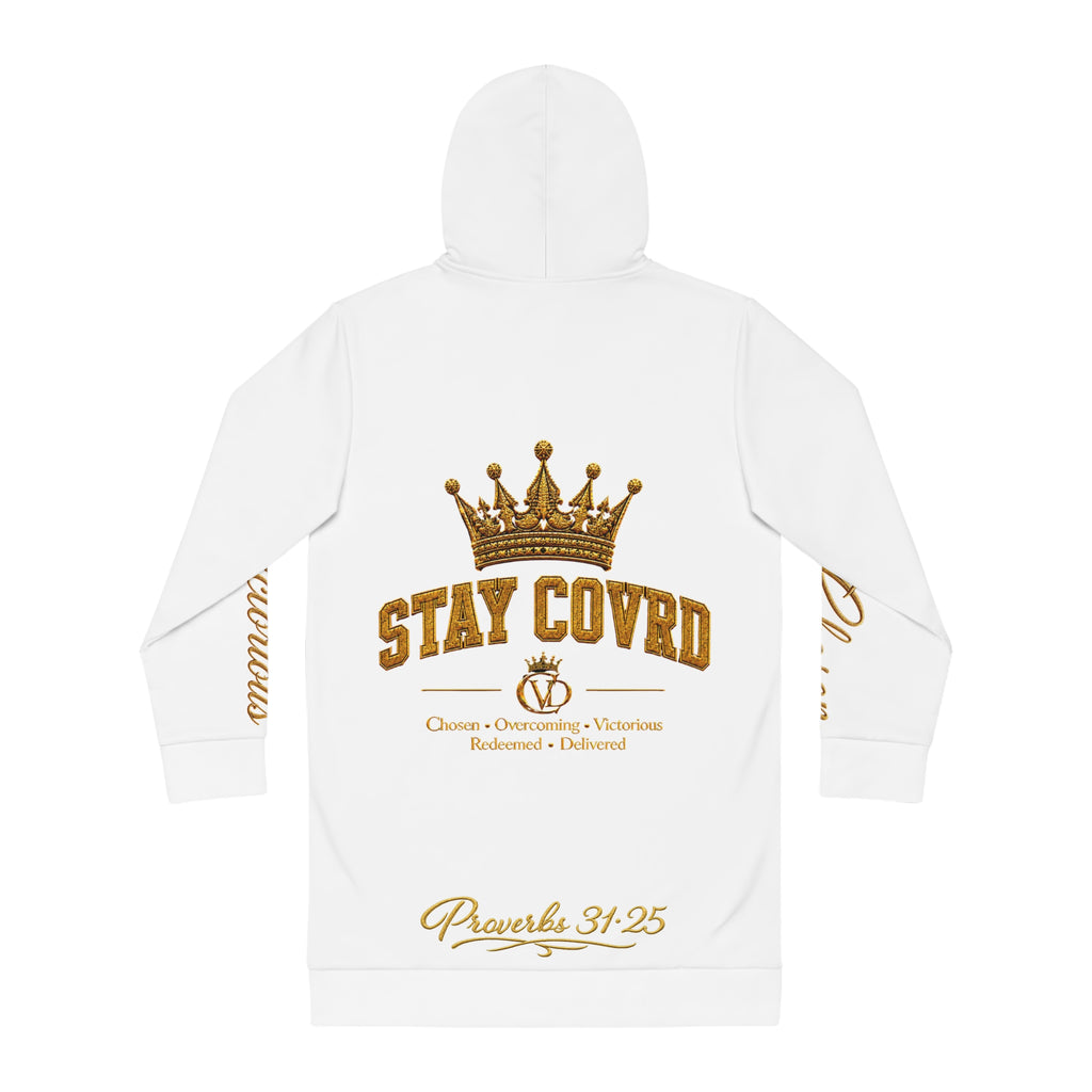 Stay Covrd Embroidered— White Hoodie Dress with Gold Crown