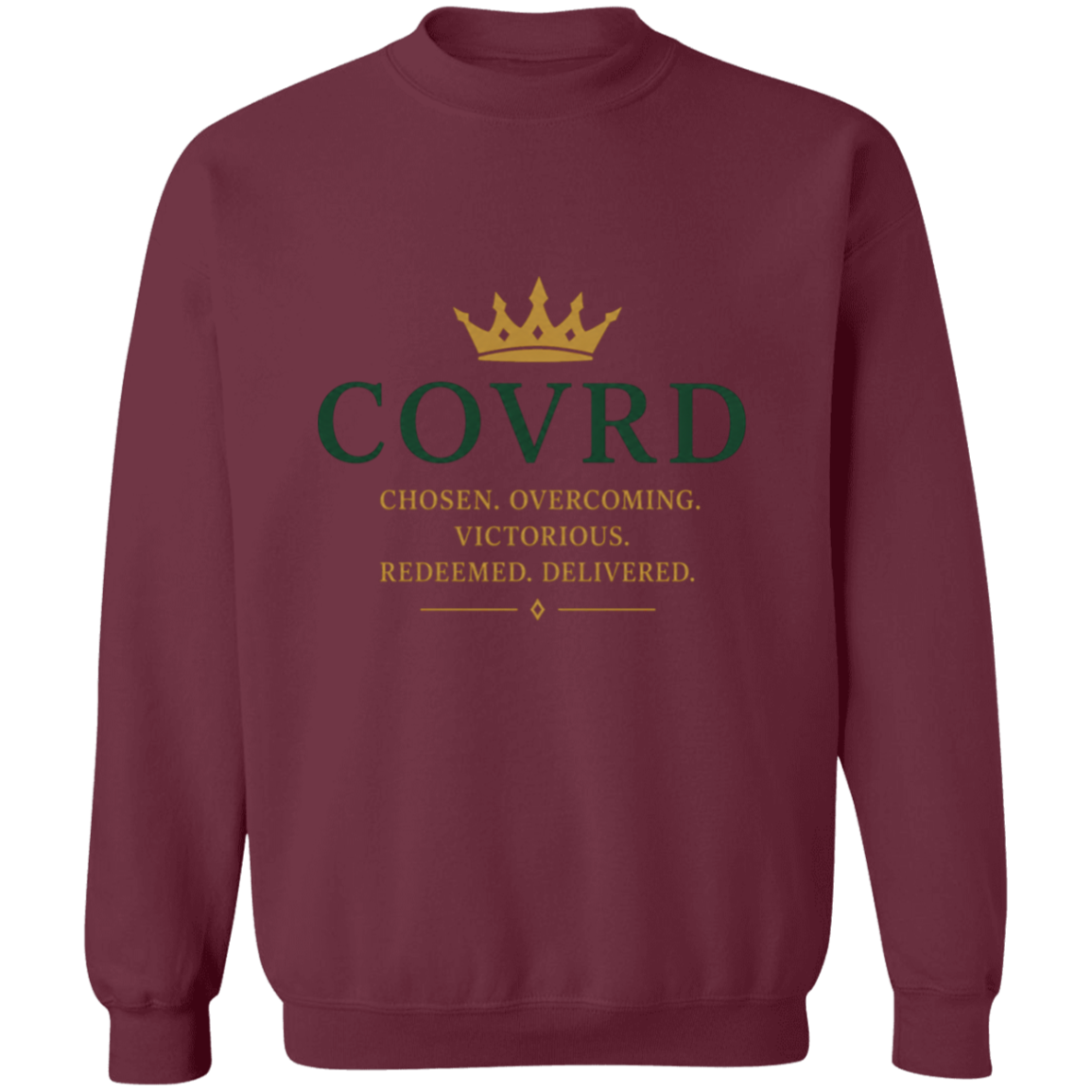 maroon sweatshirt with 'COVRD' text 