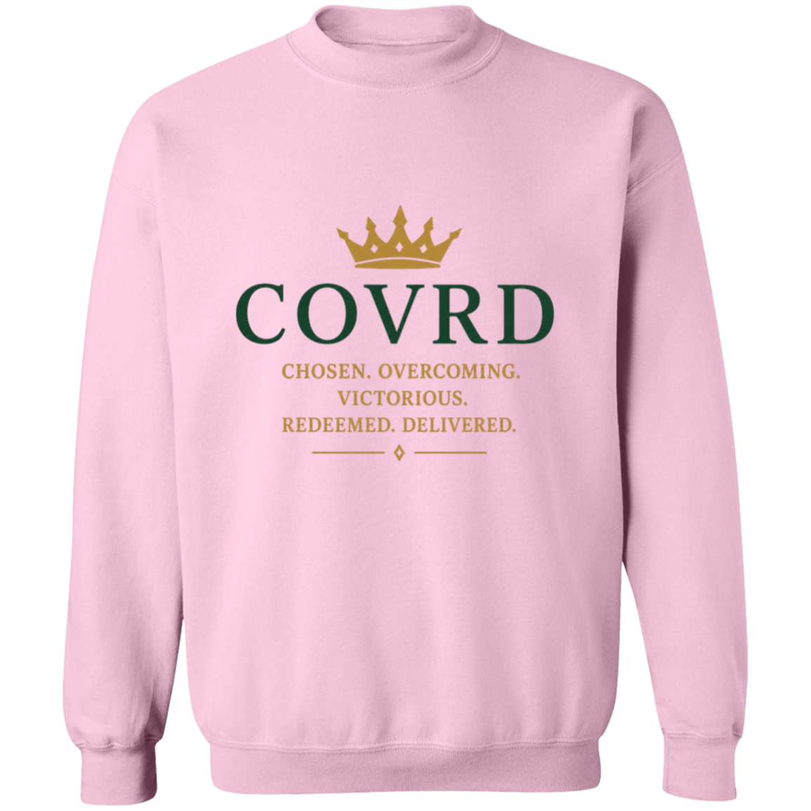 light pink sweatshirt with 'COVRD' text 