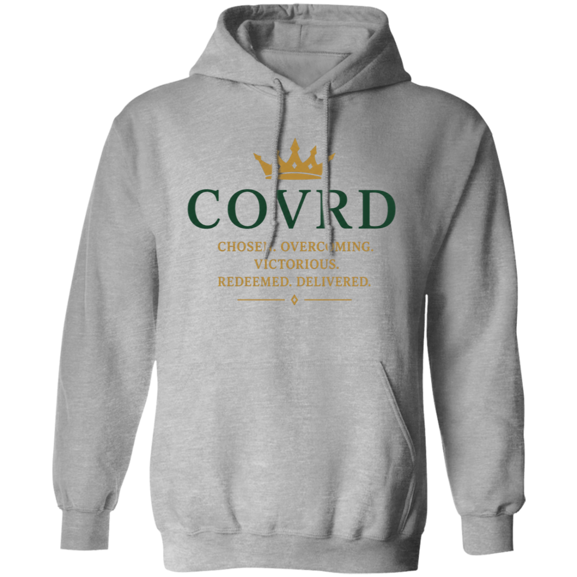 grey hoodie with 'COVRD' branding 