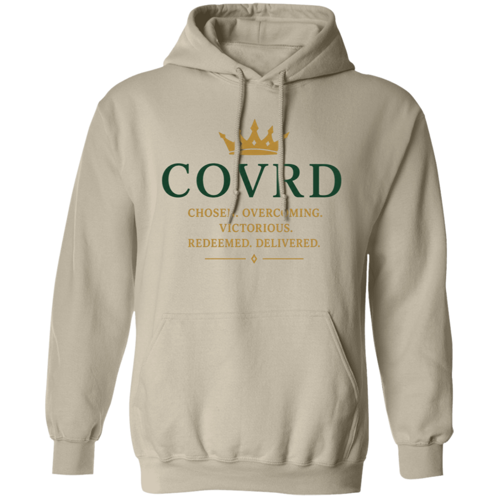 beige hoodie with 'COVRD' branding 