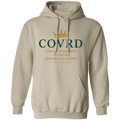 beige hoodie with 'COVRD' branding 