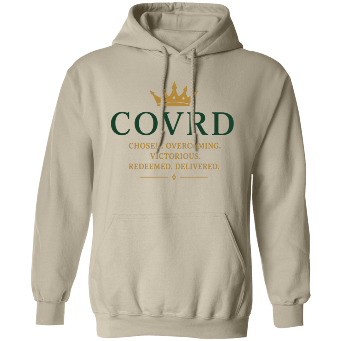 beige hoodie with 'COVRD' branding 
