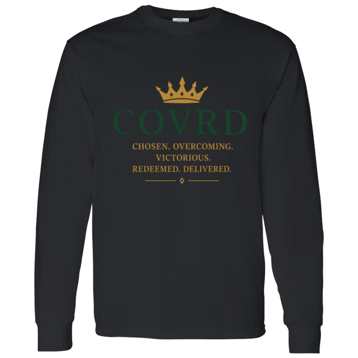 Black long-sleeve shirt with gold and green text and crown graphic 