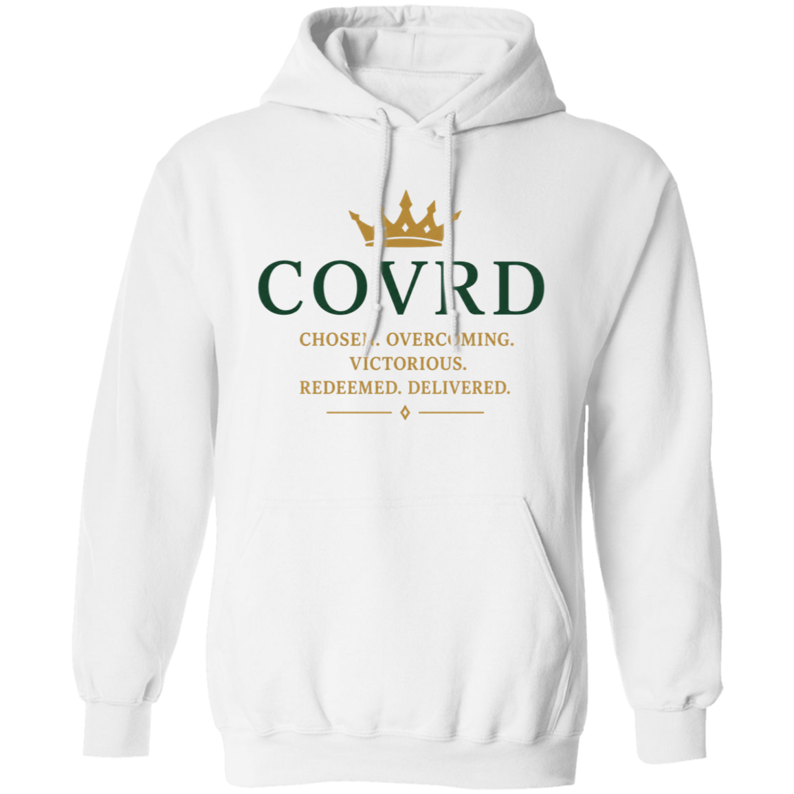 white hoodie with 'COVRD' branding 
