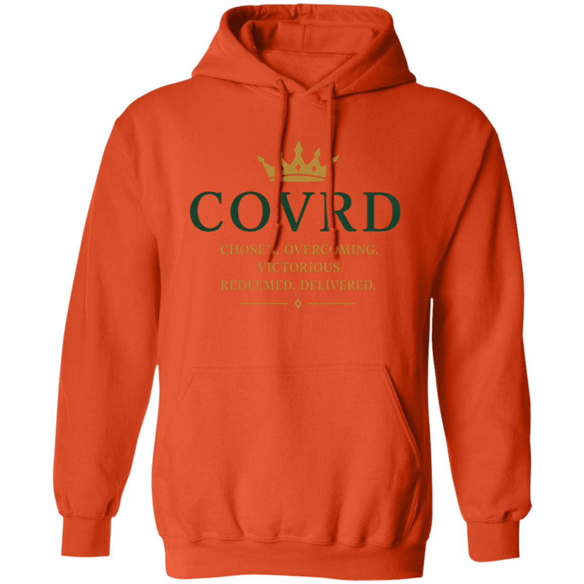 orange hoodie with 'COVRD' branding 