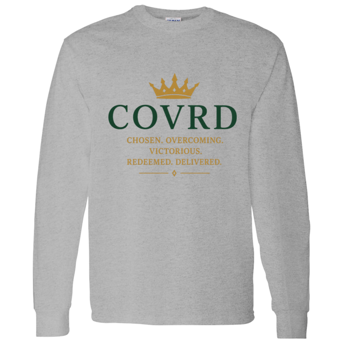 Gray long-sleeve shirt with 'COVRD' text and crown graphic 