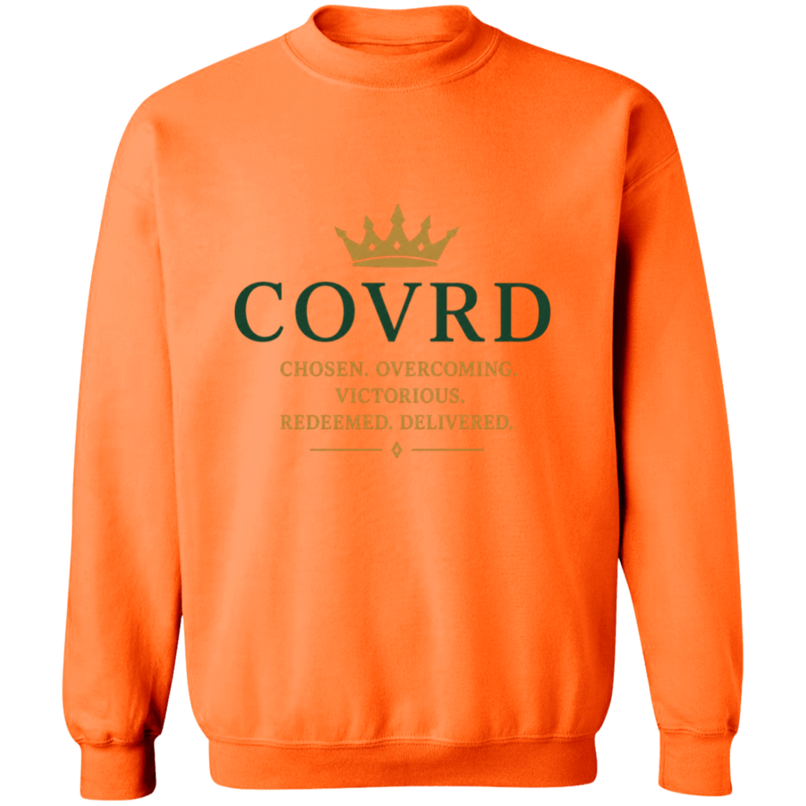 orange sweatshirt with 'COVRD' text 