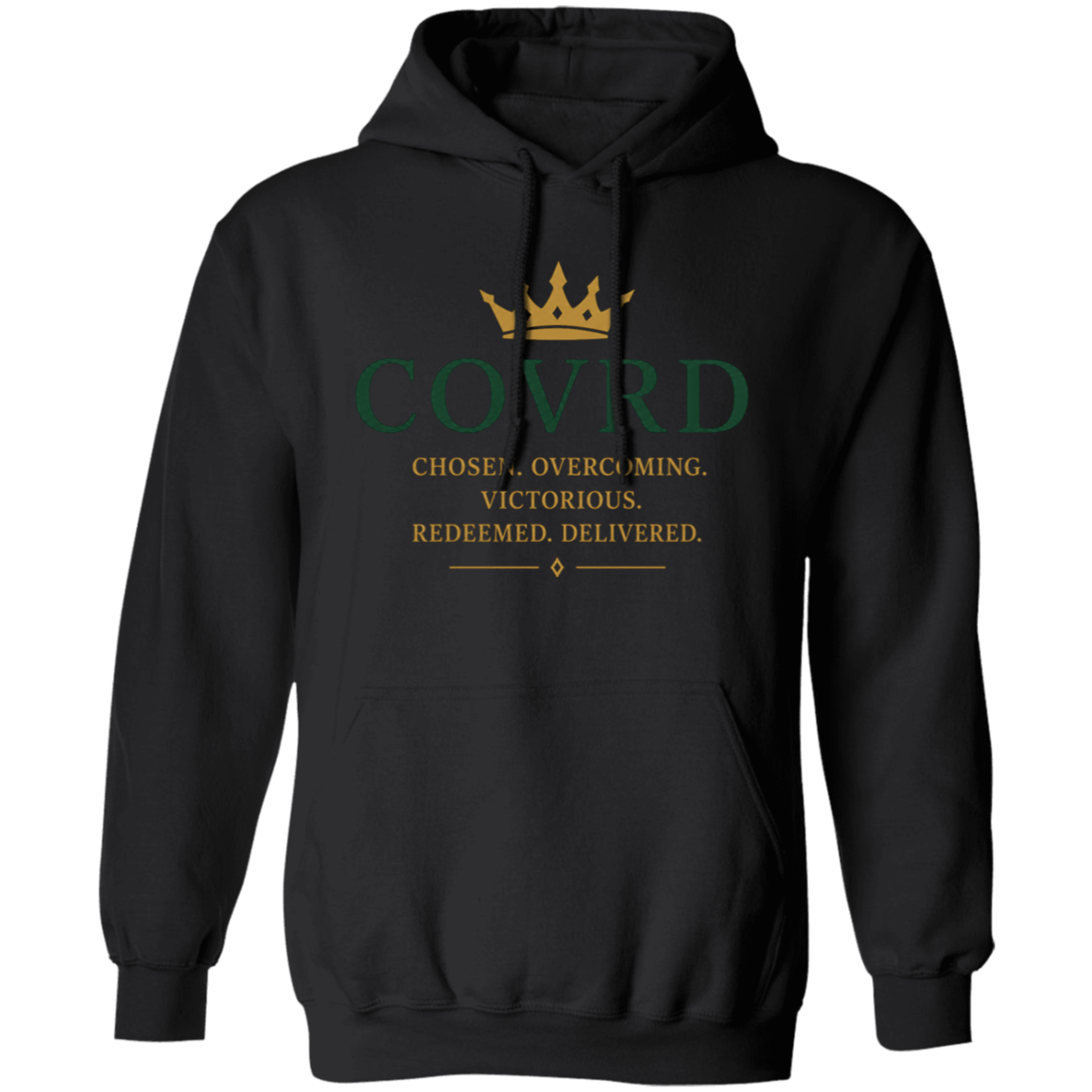black hoodie with 'COVRD' branding 