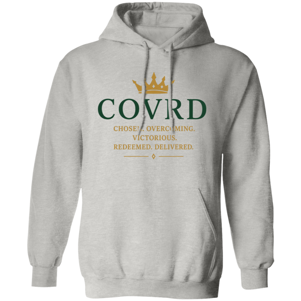 grey hoodie with 'COVRD' branding 