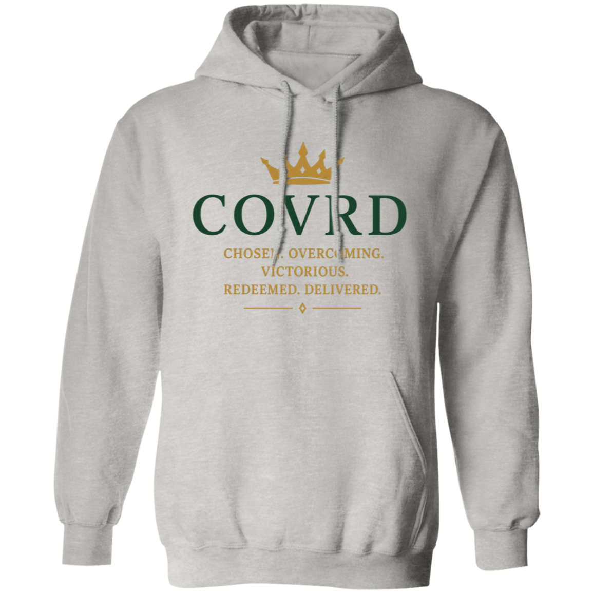 grey hoodie with 'COVRD' branding 