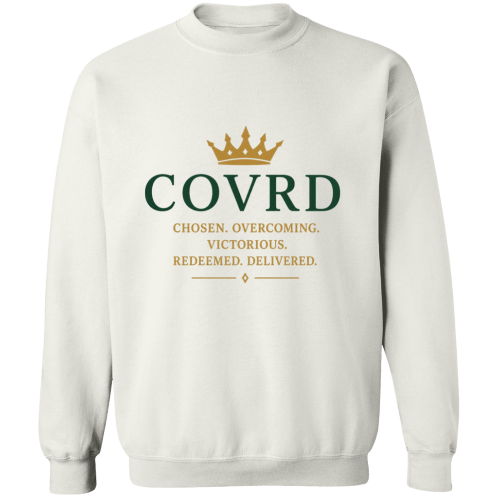 white sweatshirt with 'COVRD' text 