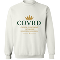 white sweatshirt with 'COVRD' text 