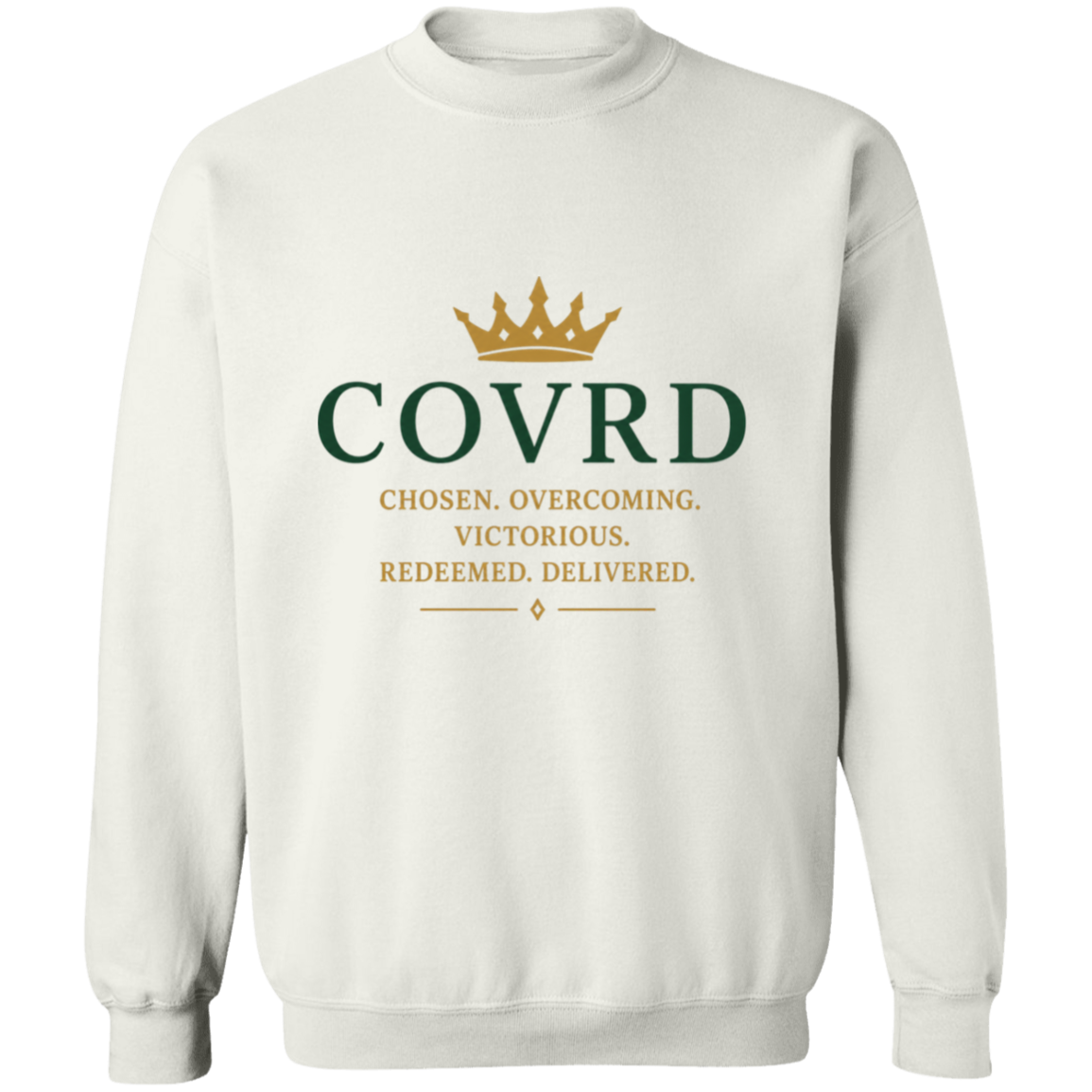 white sweatshirt with 'COVRD' text 