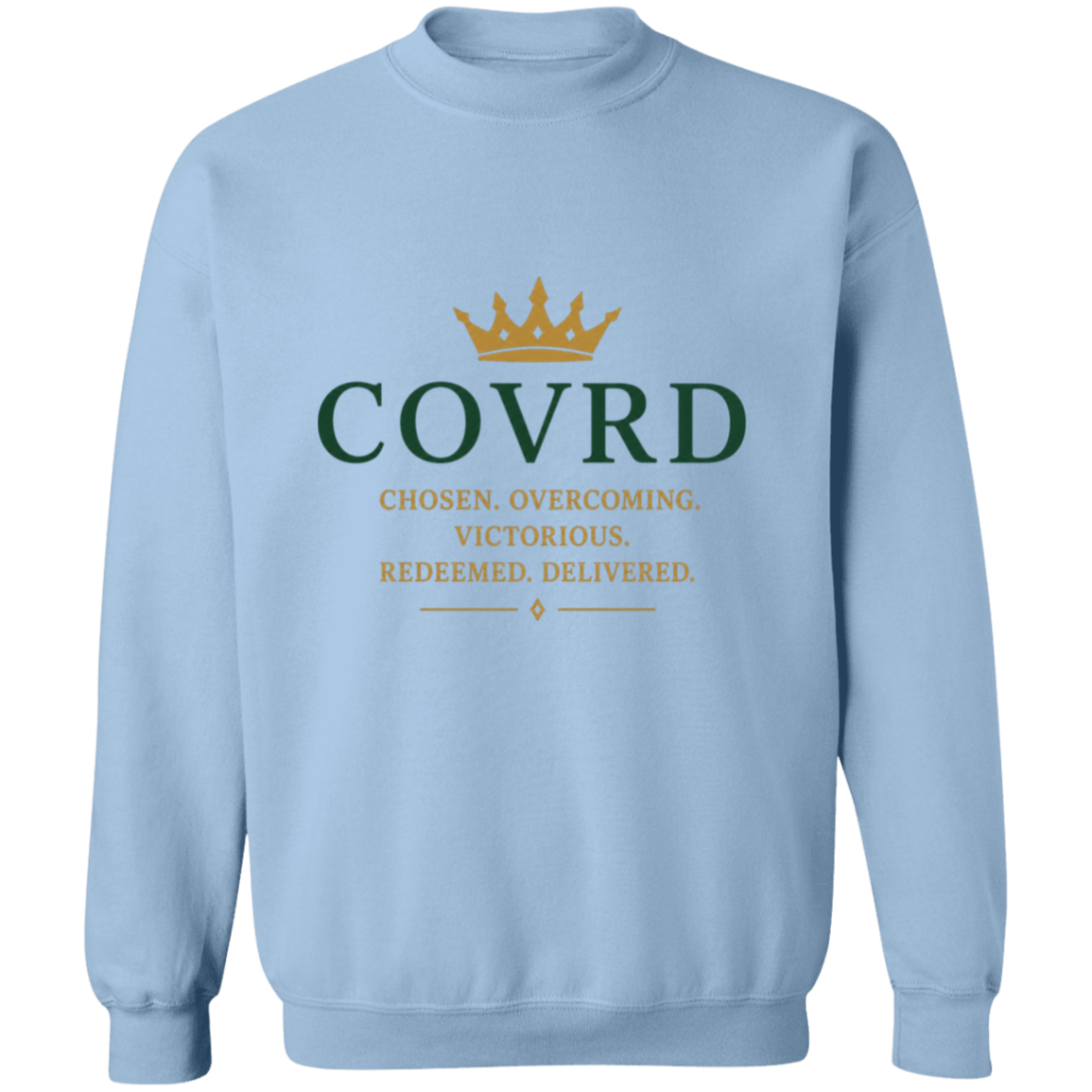 light blue sweatshirt with 'COVRD' text 