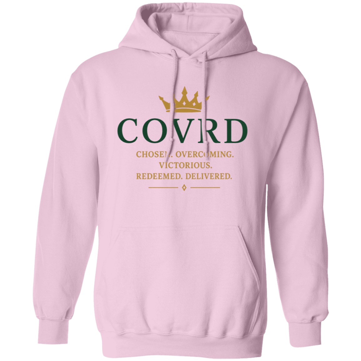 light pink hoodie with 'COVRD' branding 