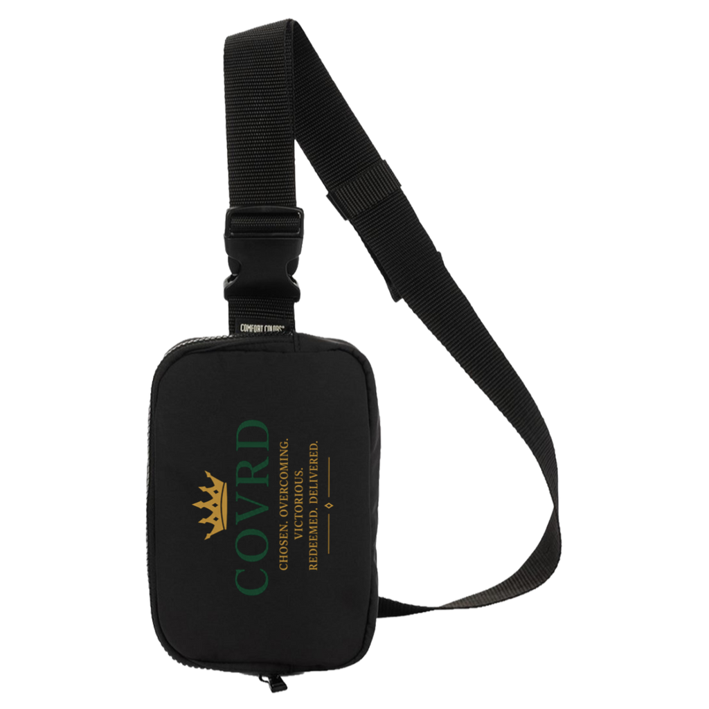 black sling bag with COVRD branding