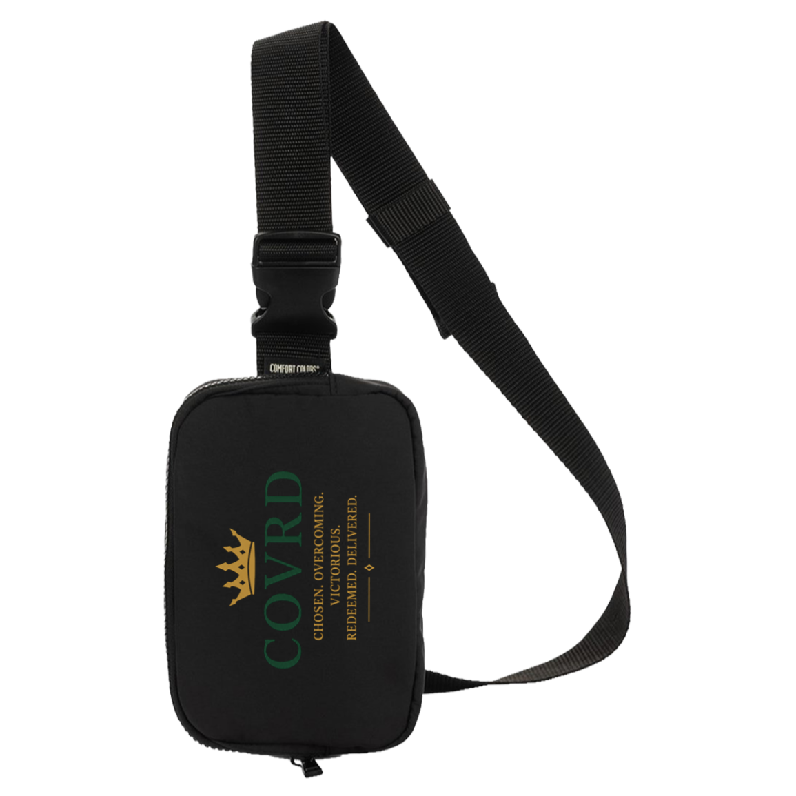 black sling bag with COVRD branding