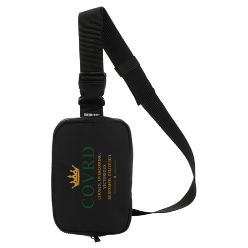 black sling bag with COVRD branding