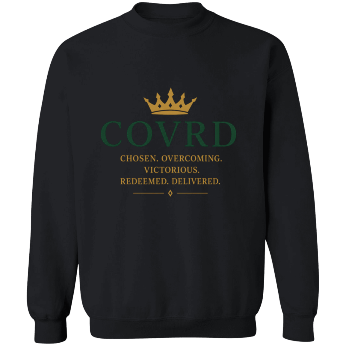 black sweatshirt with 'COVRD' text 