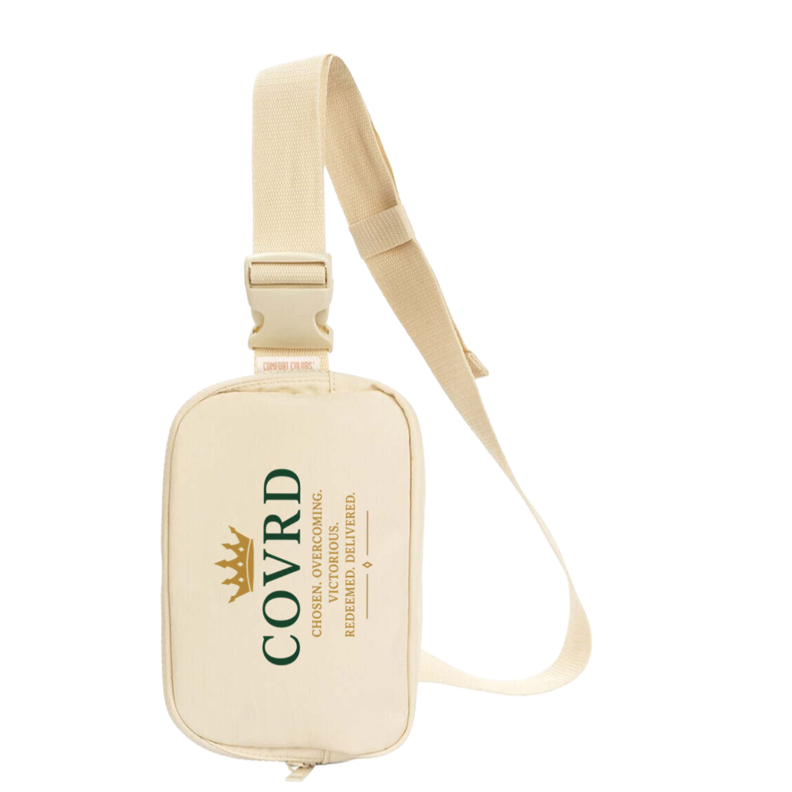 ivory sling bag with COVRD branding