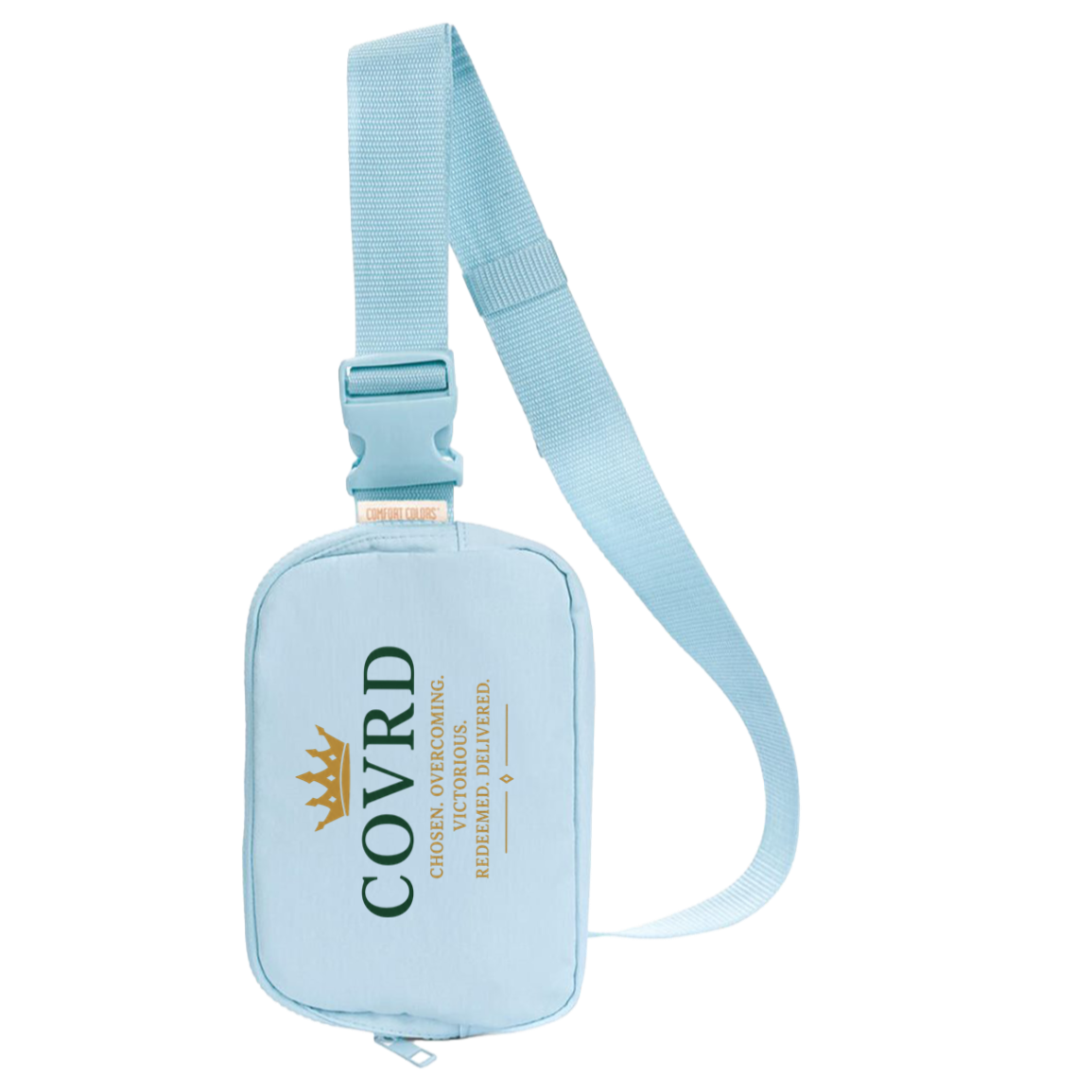 chambray sling bag with COVRD branding