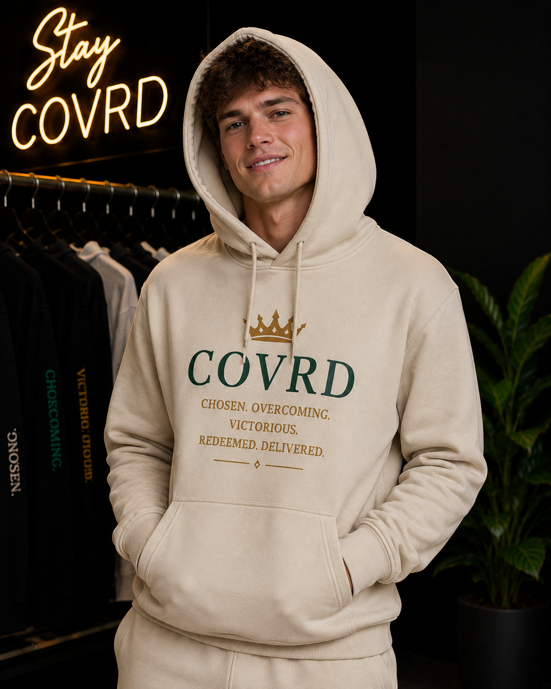 Person wearing a beige hoodie with 'COVRD' branding in a store setting.