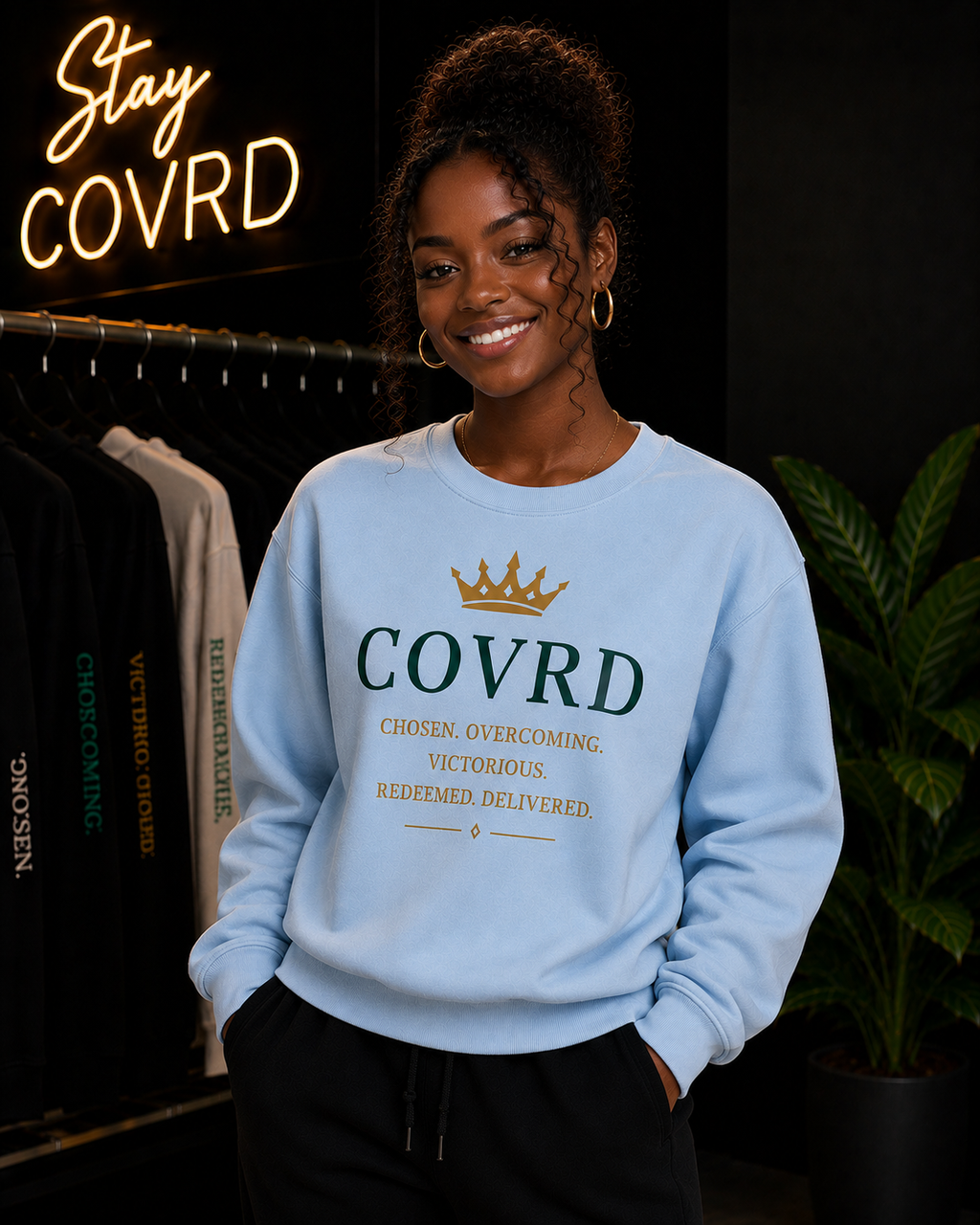 Person wearing a light blue sweatshirt with 'COVRD' text in a store setting.