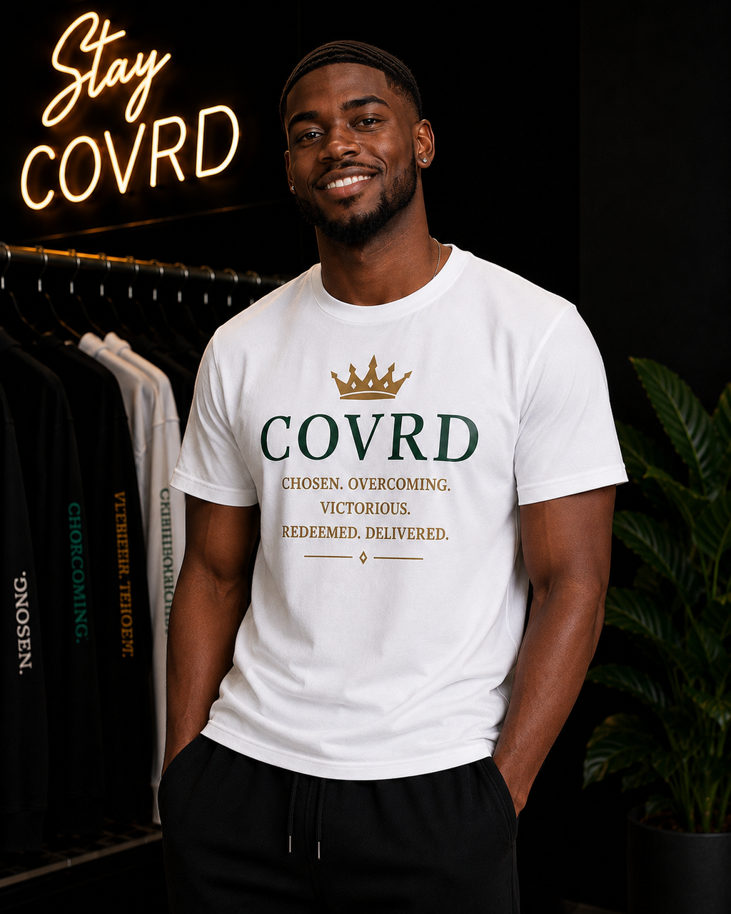 Man wearing a white t-shirt with 'COVRD' text in a store setting
