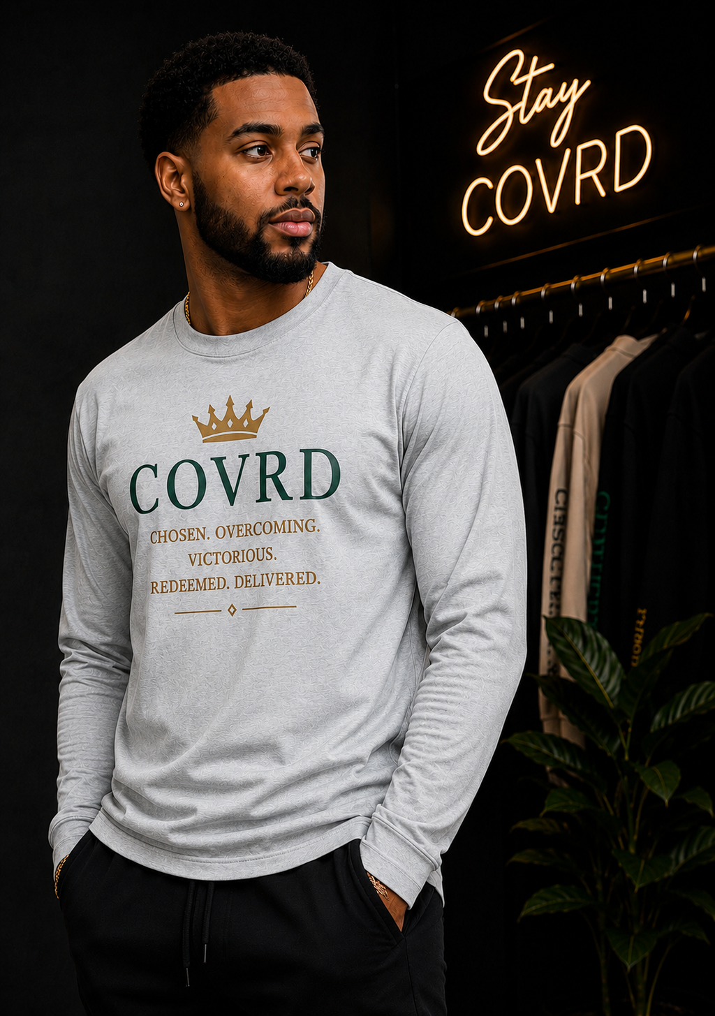Man wearing a gray long-sleeve shirt with 'COVRD' text in a stylish setting.