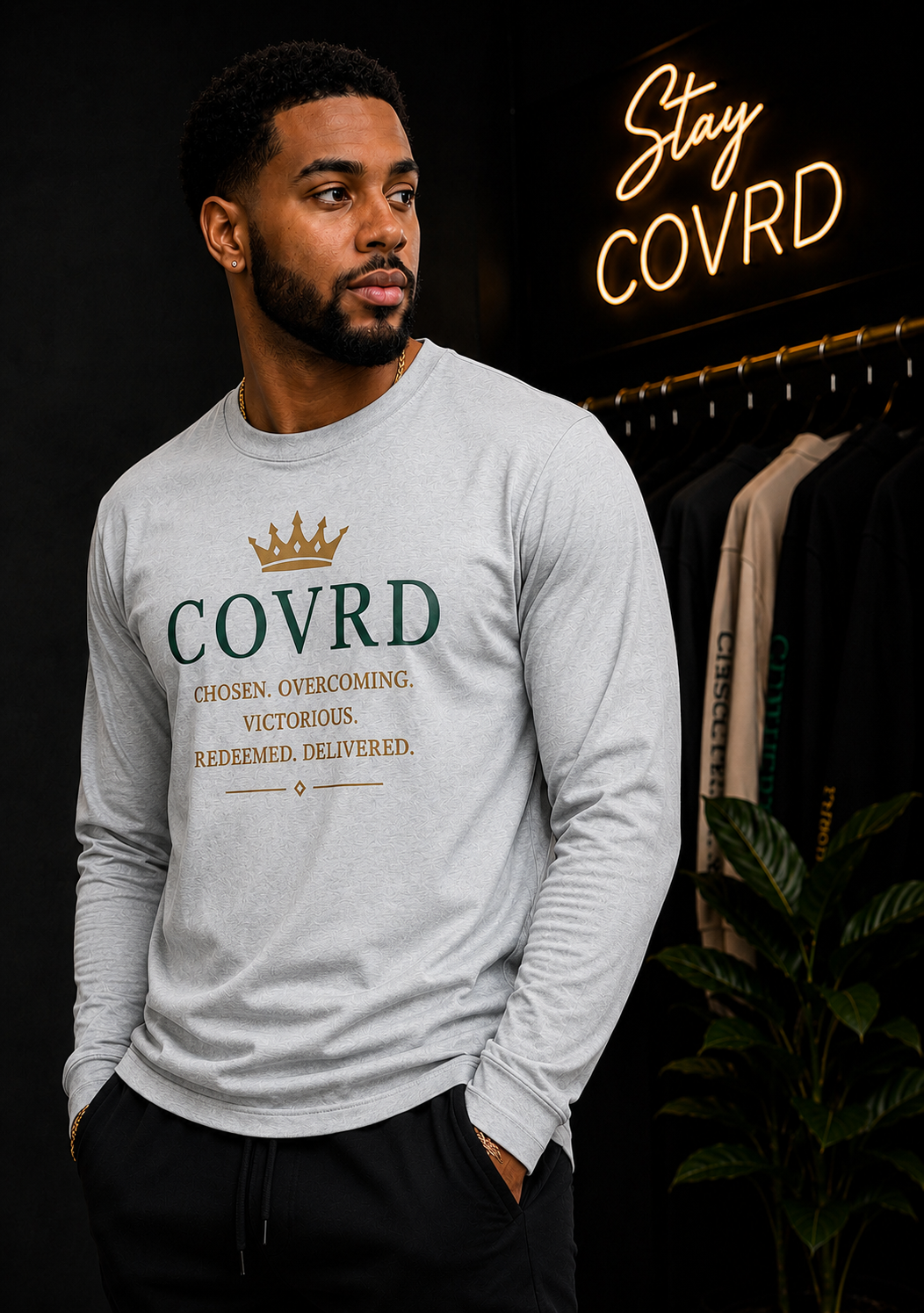Man wearing a gray long-sleeve shirt with 'COVRD' text in a stylish setting.