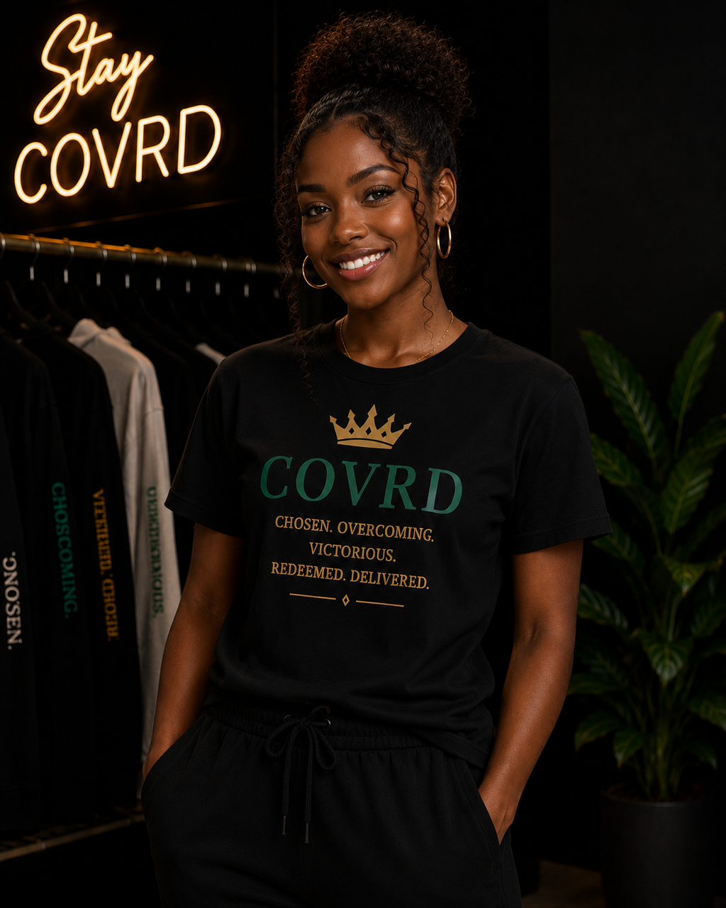 Woman wearing a black t-shirt with 'COVRD' text in a dark setting with neon sign.